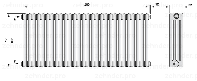 Схема (чертеж) Радиатор Zehnder Charleston 4075/28 №1270 Белый глянцевый RAL 9016